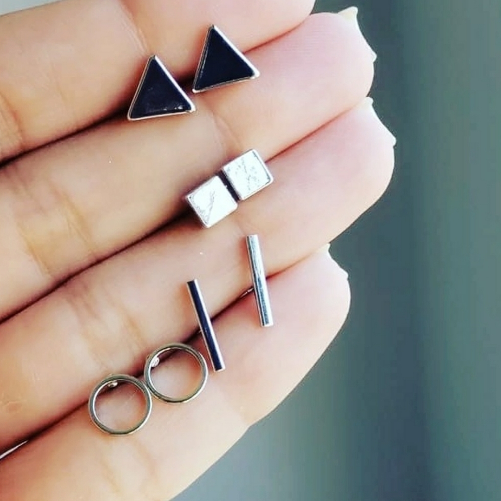 4 Pair Silver Geometric Earrings